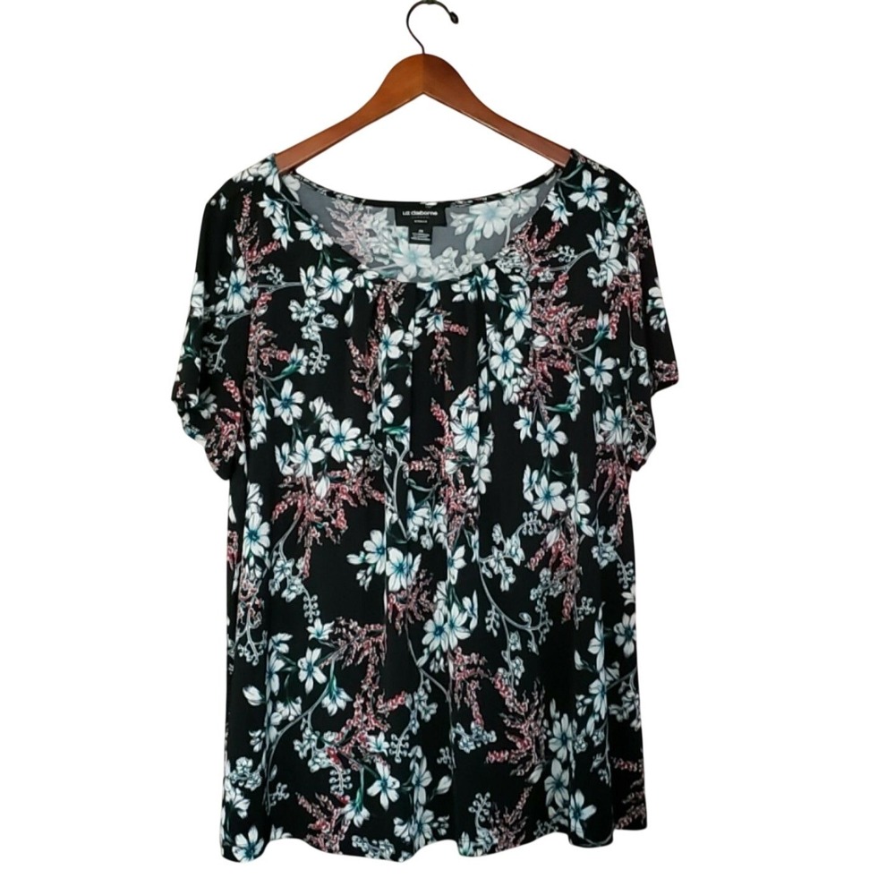 Liz Claiborne Blouse Womens Plus 2X Black Floral Scoop Neck Short Sleeve Top